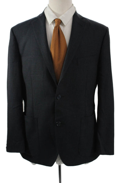 Saks Fifth Avenue Mens Collared Check 100% Wool Blazer Dark Blue Button Size 42