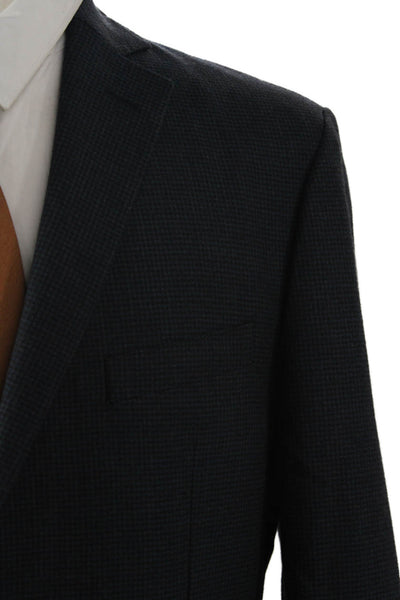 Saks Fifth Avenue Mens Collared Check 100% Wool Blazer Dark Blue Button Size 42