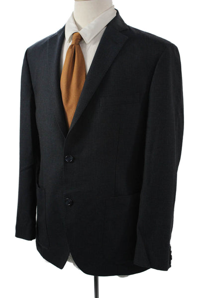 Saks Fifth Avenue Mens Collared Check 100% Wool Blazer Dark Blue Button Size 42