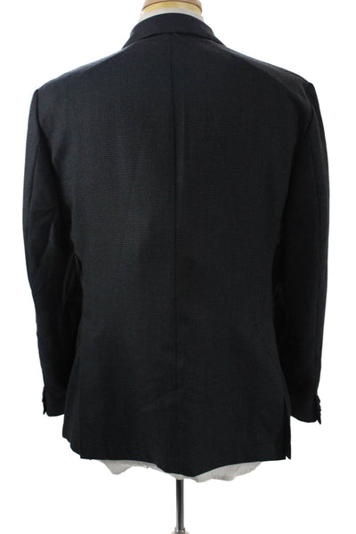 Saks Fifth Avenue Mens Collared Check 100% Wool Blazer Dark Blue Button Size 42