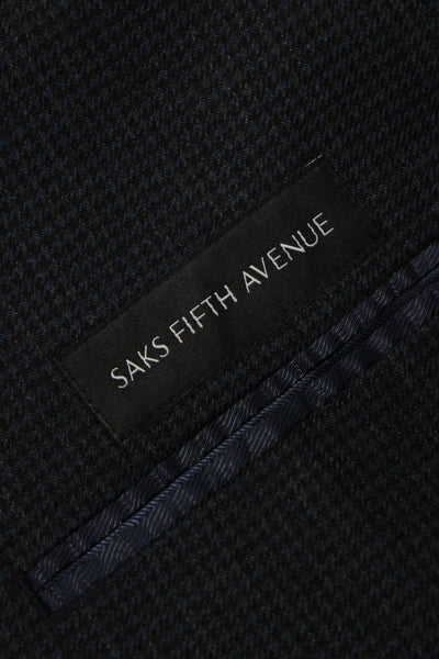 Saks Fifth Avenue Mens Collared Check 100% Wool Blazer Dark Blue Button Size 42