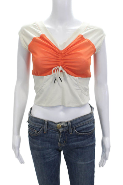 Lululemon Women Cropped V Neck Short Sleeve Drawstring Beige Top Size 4