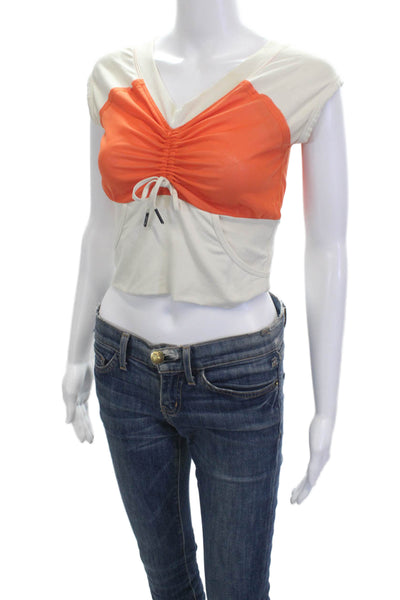 Lululemon Women Cropped V Neck Short Sleeve Drawstring Beige Top Size 4