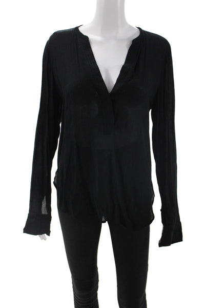 Vince Women Black Basic V-Neck Long Sleeve Blouse 100% Cotton Size 6