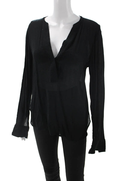 Vince Women Black Basic V-Neck Long Sleeve Blouse 100% Cotton Size 6