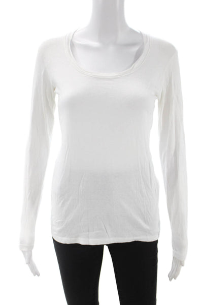 Monrow Womens Basic Cotton Blend Long Sleeve T-Shirt White Round Neck Size S