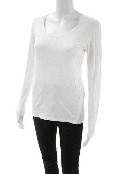 Monrow Womens Basic Cotton Blend Long Sleeve T-Shirt White Round Neck Size S