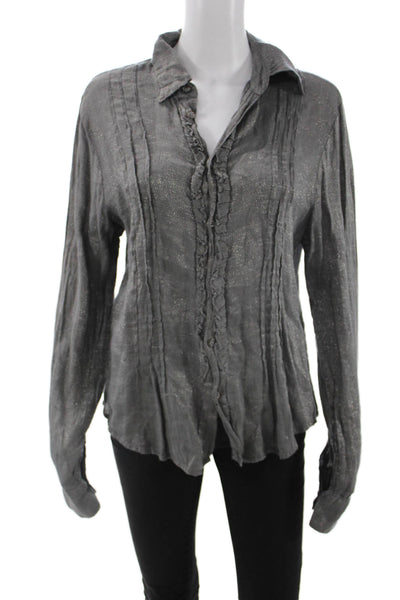 CP Shades Women Dark Gray Boho Collar Button Up Blouse Long Sleeve Size S