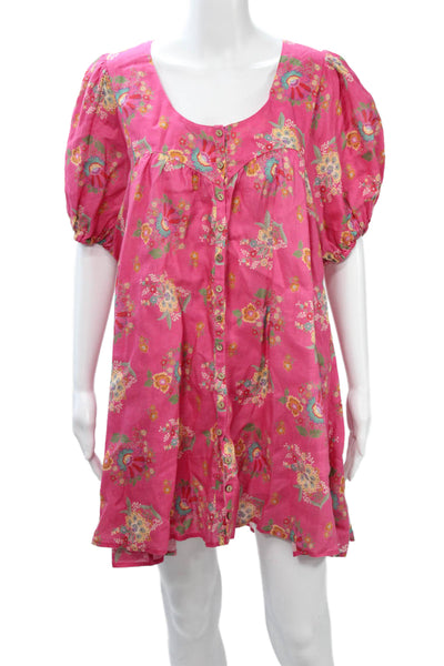 Spell Womens Shift Shirt Dress Pink Linen Floral Short Sleeve Size M