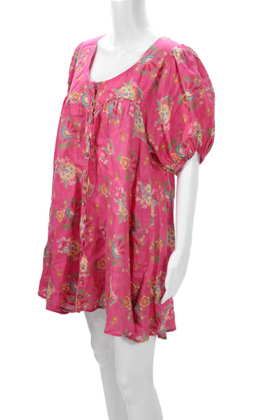 Spell Womens Shift Shirt Dress Pink Linen Floral Short Sleeve Size M