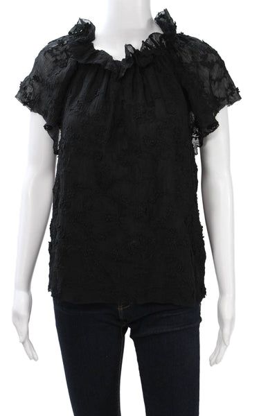 Rebecca Taylor Womens Floral Short Sleeve Black Blouse Size 10