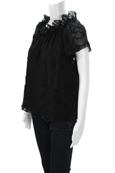Rebecca Taylor Womens Floral Short Sleeve Black Blouse Size 10