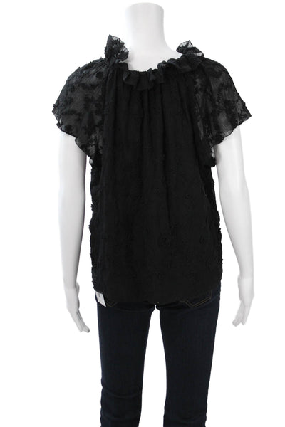 Rebecca Taylor Womens Floral Short Sleeve Black Blouse Size 10