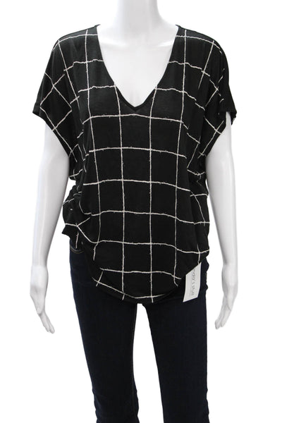 Vince Women Basic Black V-Neck Check Short Sleeve Nylon Blouse Size M