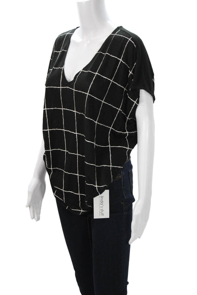 Vince Women Basic Black V-Neck Check Short Sleeve Nylon Blouse Size M