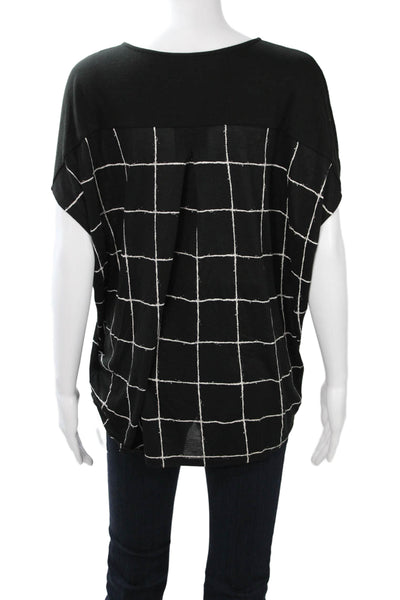 Vince Women Basic Black V-Neck Check Short Sleeve Nylon Blouse Size M