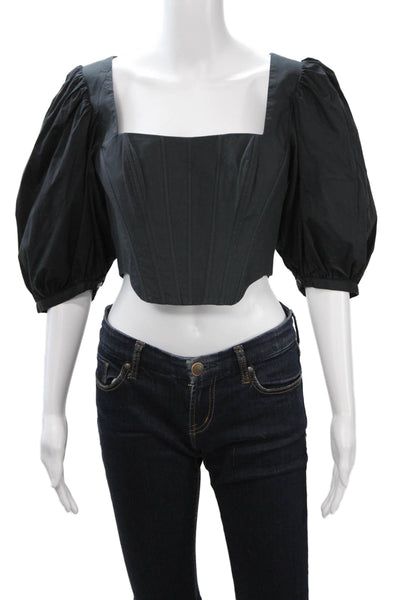 Staud Womens Cropped Black Square Neck 3/4 Sleeve Cotton Blouse Size 10