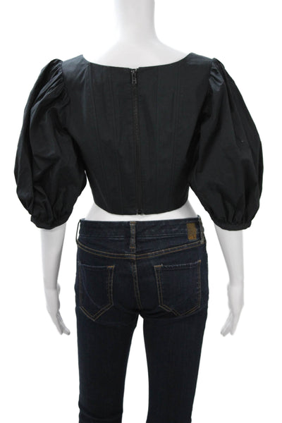 Staud Womens Cropped Black Square Neck 3/4 Sleeve Cotton Blouse Size 10