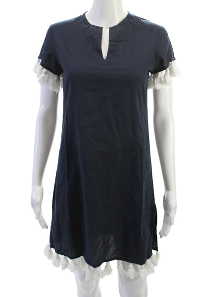 Madison Mathews Women Dark Blue Shift Dress Short Sleeve Mini Size XS