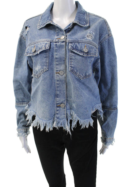Zara Trafaluc Women Blue Cotton Collared Button Jacket 90s Long Sleeve Size S
