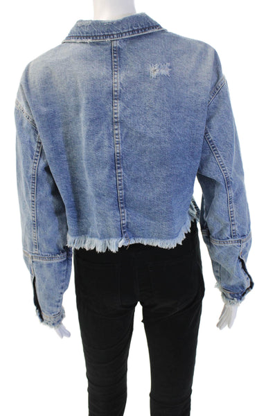 Zara Trafaluc Women Blue Cotton Collared Button Jacket 90s Long Sleeve Size S