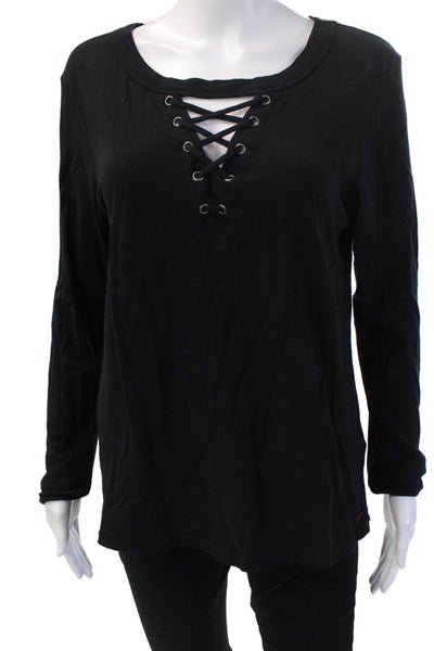 Philanthropy Women Black Lace Up Long Sleeve Basic Cotton T Shirt Grunge Size M