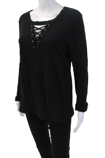 Philanthropy Women Black Lace Up Long Sleeve Basic Cotton T Shirt Grunge Size M