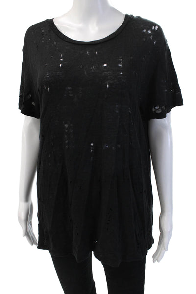 IRO Womens Basic Linen Short Sleeve T-Shirt Black Round Neck Size 40