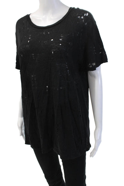 IRO Womens Basic Linen Short Sleeve T-Shirt Black Round Neck Size 40