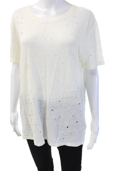 IRO Womens Cropped Linen Top White Short Sleeve Round Neck Zip Size L