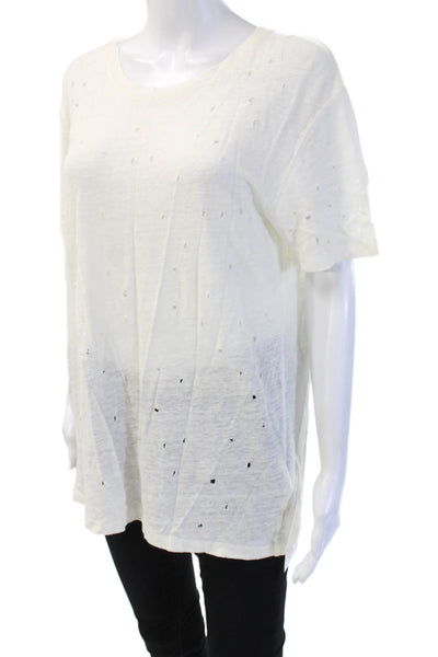 IRO Womens Cropped Linen Top White Short Sleeve Round Neck Zip Size L