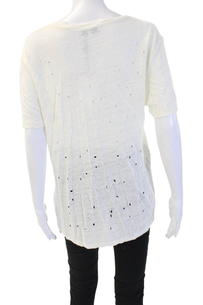 IRO Womens Cropped Linen Top White Short Sleeve Round Neck Zip Size L
