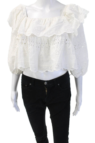 IRO Womens Cropped Linen Top White Short Sleeve Round Neck Zip Size L