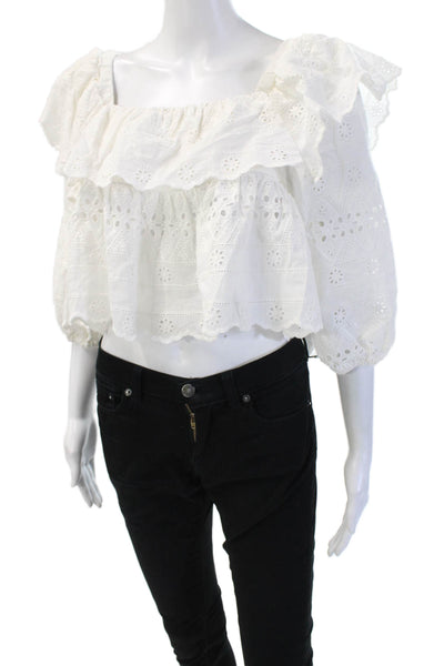 IRO Womens Cropped Linen Top White Short Sleeve Round Neck Zip Size L