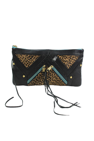 Rebecca Minkoff Womens Leather Paneled Animal Print Zippered Clutch Black