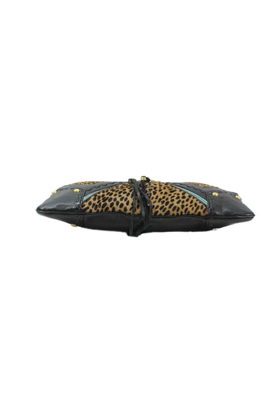 Rebecca Minkoff Womens Leather Paneled Animal Print Zippered Clutch Black