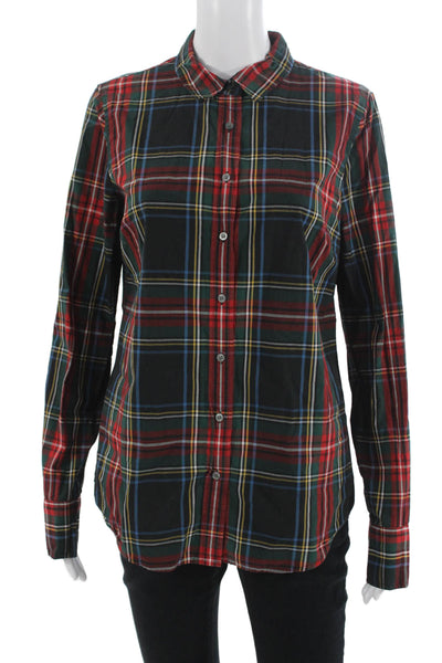 J Crew Women Black Plaid Collared Cotton Button-Up Long Sleeve Size 10 Tall