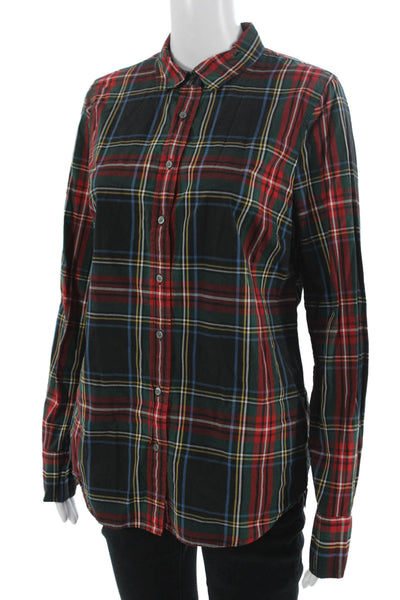 J Crew Women Black Plaid Collared Cotton Button-Up Long Sleeve Size 10 Tall