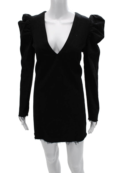 Zara Womens 80s Bodycon Mini Dress Black V Neck Long Sleeve Cotton Blend Size L