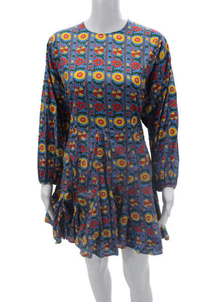 Rhode Womens Fit & Flare Mini Dress Blue Floral Cotton Long Sleeve Boho Size M