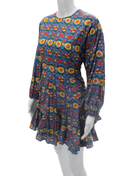 Rhode Womens Fit & Flare Mini Dress Blue Floral Cotton Long Sleeve Boho Size M