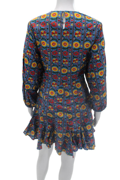 Rhode Womens Fit & Flare Mini Dress Blue Floral Cotton Long Sleeve Boho Size M