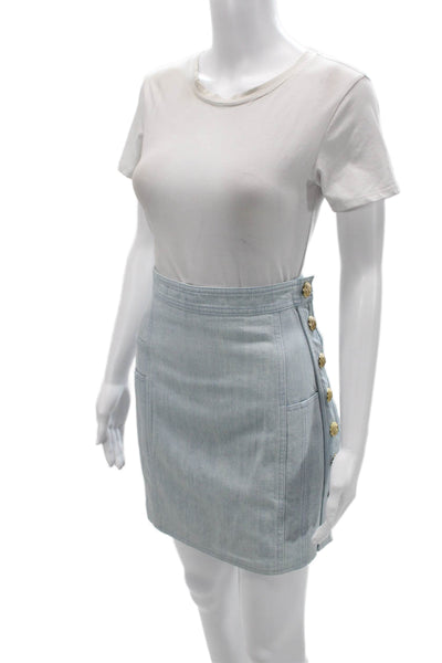 Balmain Women Mini Pencil Skirt Light Blue Cotton Size 44