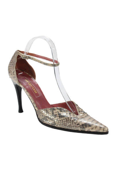 Sergio Rossi Womens Metallic Leather Ankle Strap Heels Beige Size 39.5 9.5