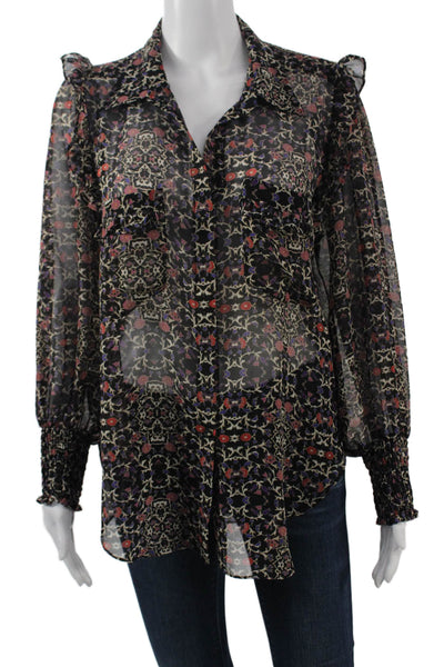Misa Women Boho Floral Tunic Blouse Black Button-Up Size S