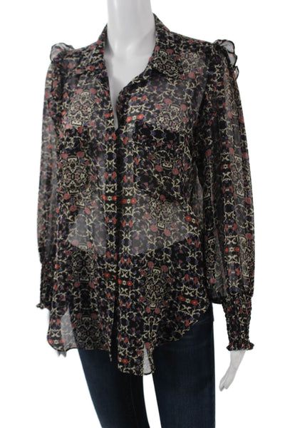 Misa Women Boho Floral Tunic Blouse Black Button-Up Size S