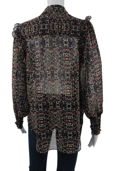 Misa Women Boho Floral Tunic Blouse Black Button-Up Size S