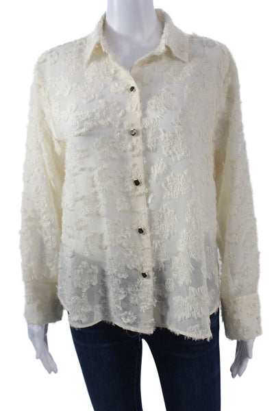 Zara Women Beige Floral Collared Button Up Long Sleeve Blouse Size S