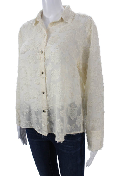 Zara Women Beige Floral Collared Button Up Long Sleeve Blouse Size S