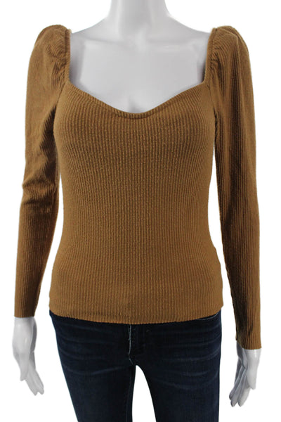 Nation LTD Womens Square Neck Long Sleeve Brown Top Size S